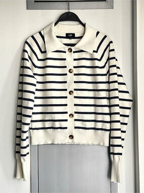 LINE Striped Cropped Polo Sweater in Cream & Blue